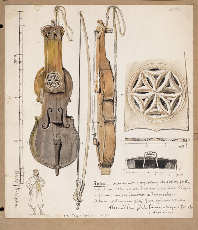 DI 28498; Gerson Wojciech (illustrator); Suka. An ancient Polish string instrument purchased in 188[.] in the village of Kocudza in the Biłgoraj district (between Janów and Frampol). It was last played by Józef Góra, then 50 years old. Property of Mr. Józef Pawłowski art. painter in Warsaw; 1895; ink, watercolor; cardboard; 25,5 x 22,4 cm