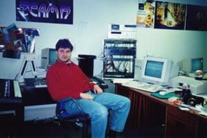 Bjorn Lynne, at work in the Team17 Software music/audio studio, 1995